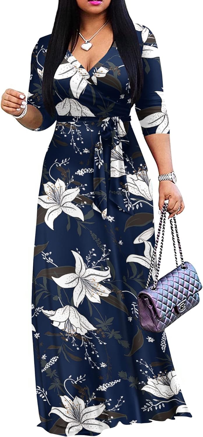 Women's Casual Summer Maxi Dress with V-Neck and 3/4 Sleeves