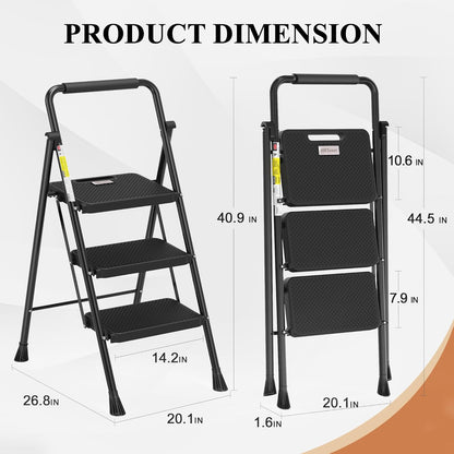 Folding 3 Step Steel Ladder with Wide Anti-Slip Pedal