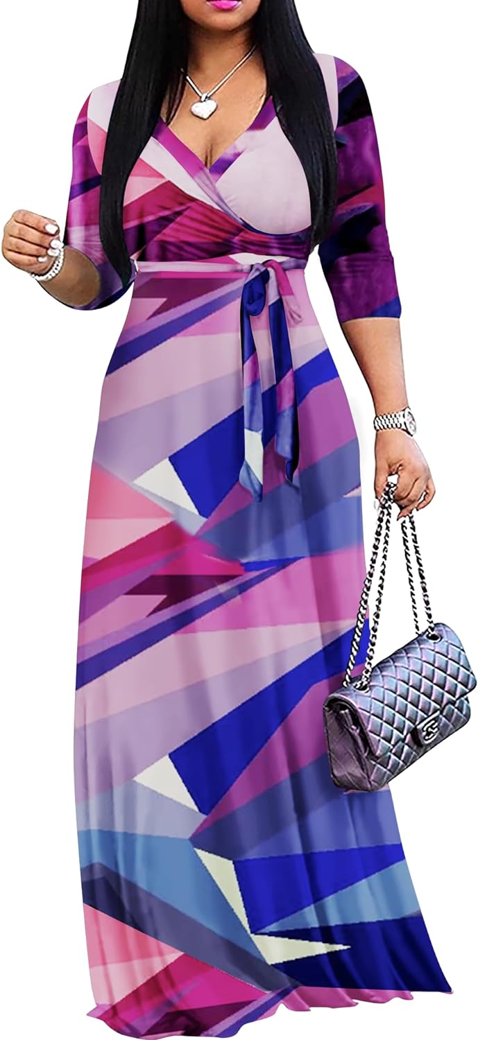 Women's Casual Summer Maxi Dress with V-Neck and 3/4 Sleeves