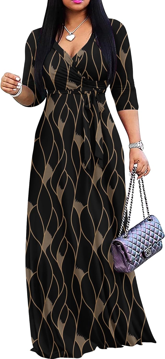 Women's Casual Summer Maxi Dress with V-Neck and 3/4 Sleeves