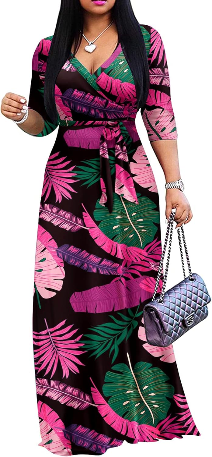 Women's Casual Summer Maxi Dress with V-Neck and 3/4 Sleeves