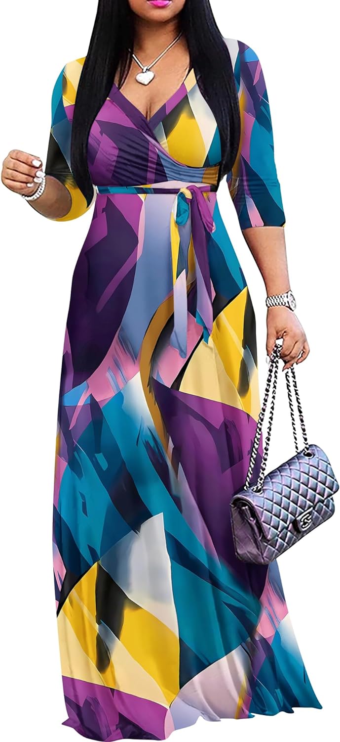 Women's Casual Summer Maxi Dress with V-Neck and 3/4 Sleeves