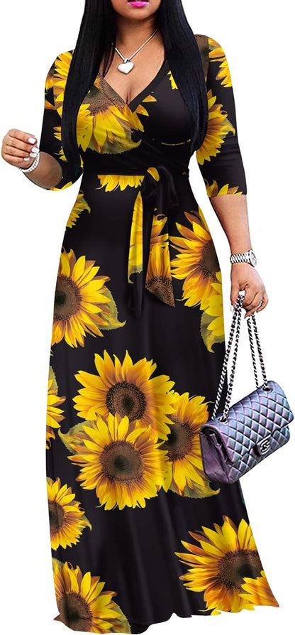 Women's Casual Summer Maxi Dress with V-Neck and 3/4 Sleeves