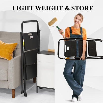 Folding 3 Step Steel Ladder with Wide Anti-Slip Pedal