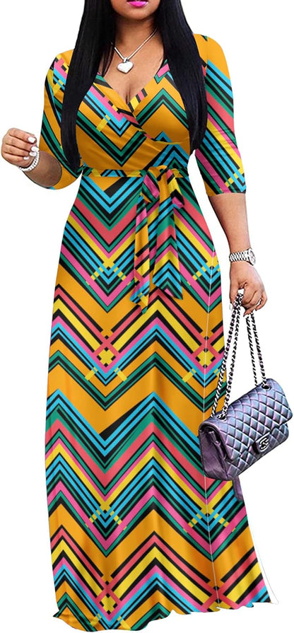 Women's Casual Summer Maxi Dress with V-Neck and 3/4 Sleeves