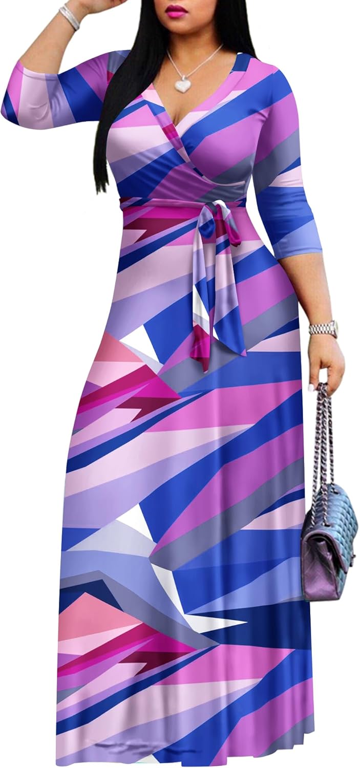 Women's Casual Summer Maxi Dress with V-Neck and 3/4 Sleeves