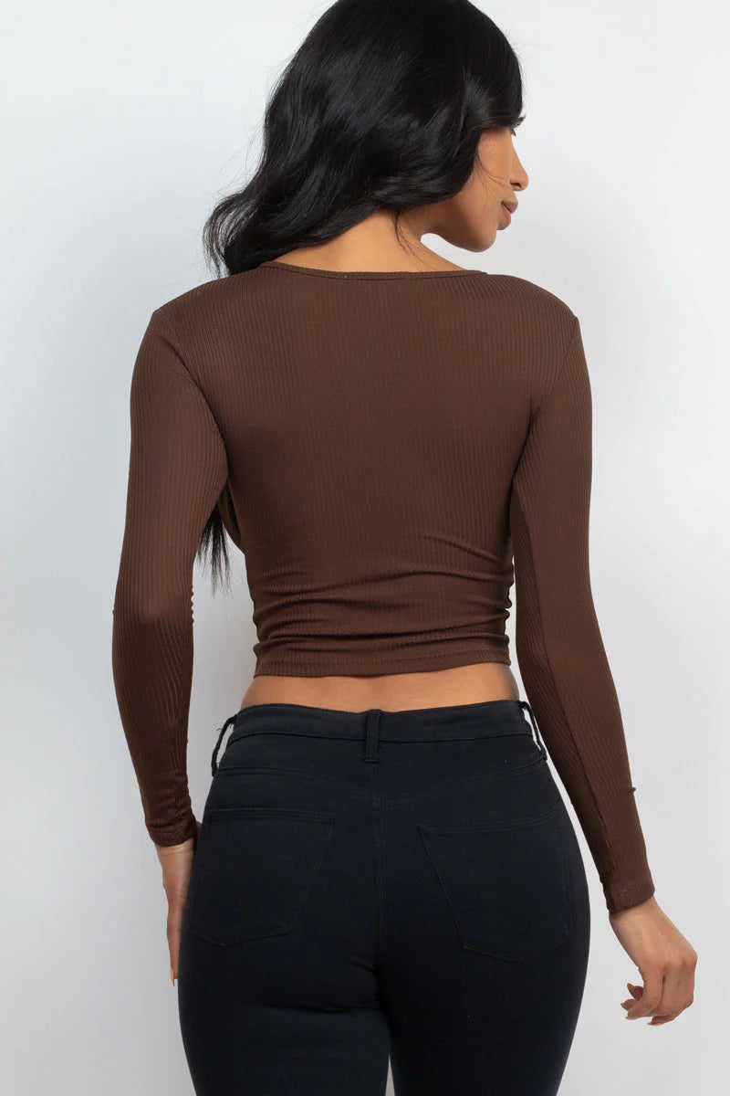 Ribbed Drawstring Long Sleeve Crop Top 