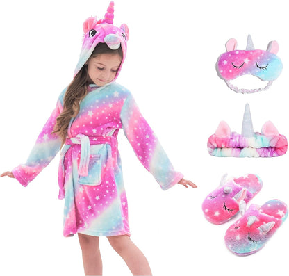 Girl's Soft Unicorn Hooded Robe with Matching Slippers, Headband and Blindfold