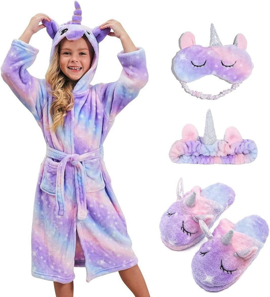 Girl's Soft Unicorn Hooded Robe with Matching Slippers, Headband and Blindfold