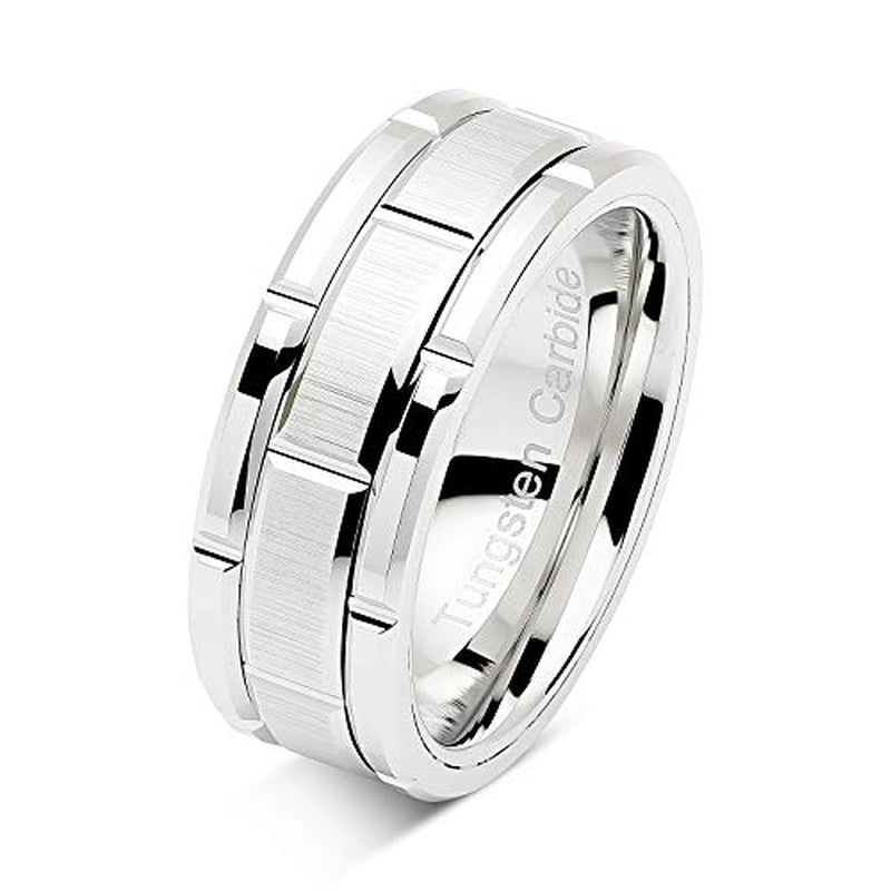 Men's Tungsten Rings White Gold Brick Pattern & Rhodium Plated