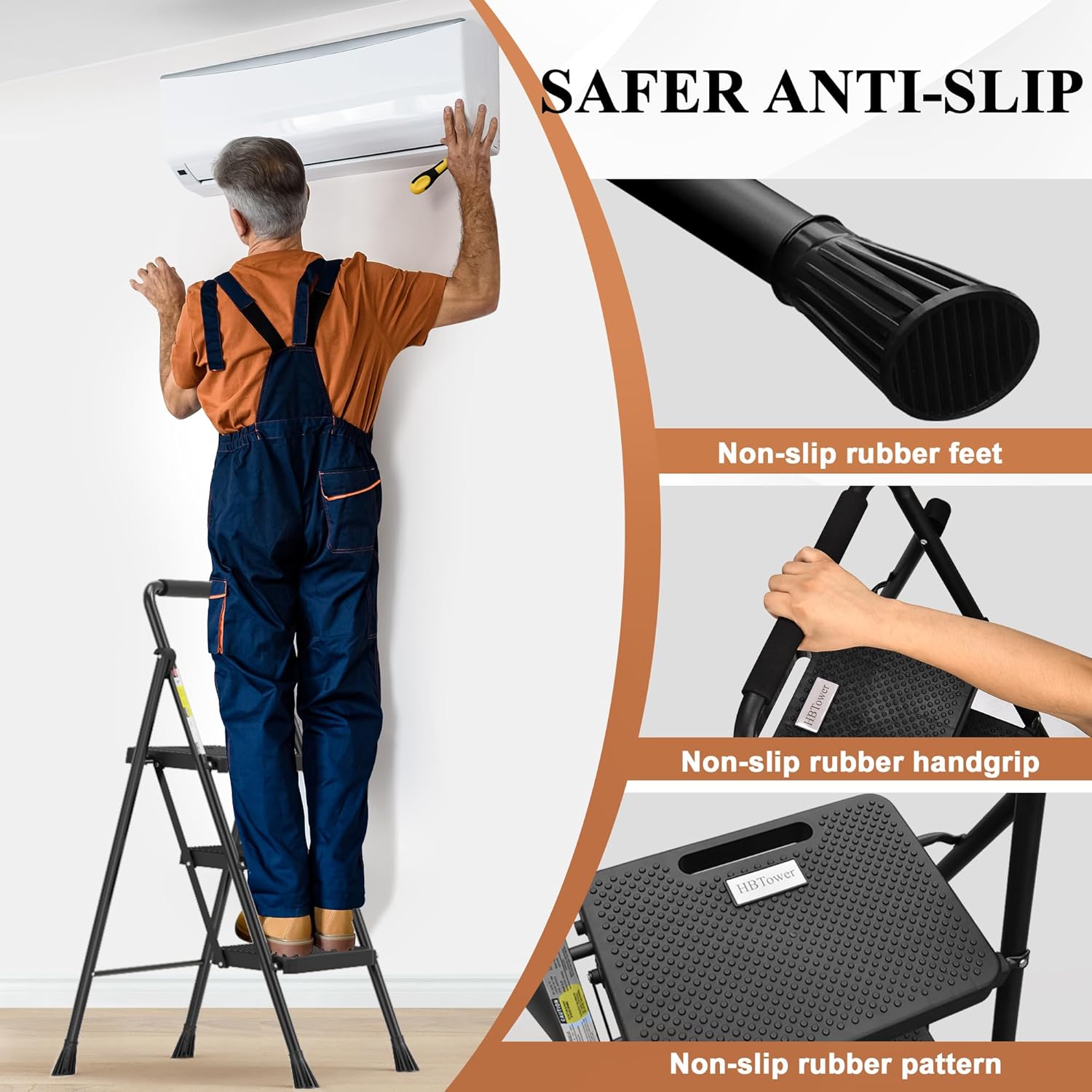 Folding 3 Step Steel Ladder with Wide Anti-Slip Pedal