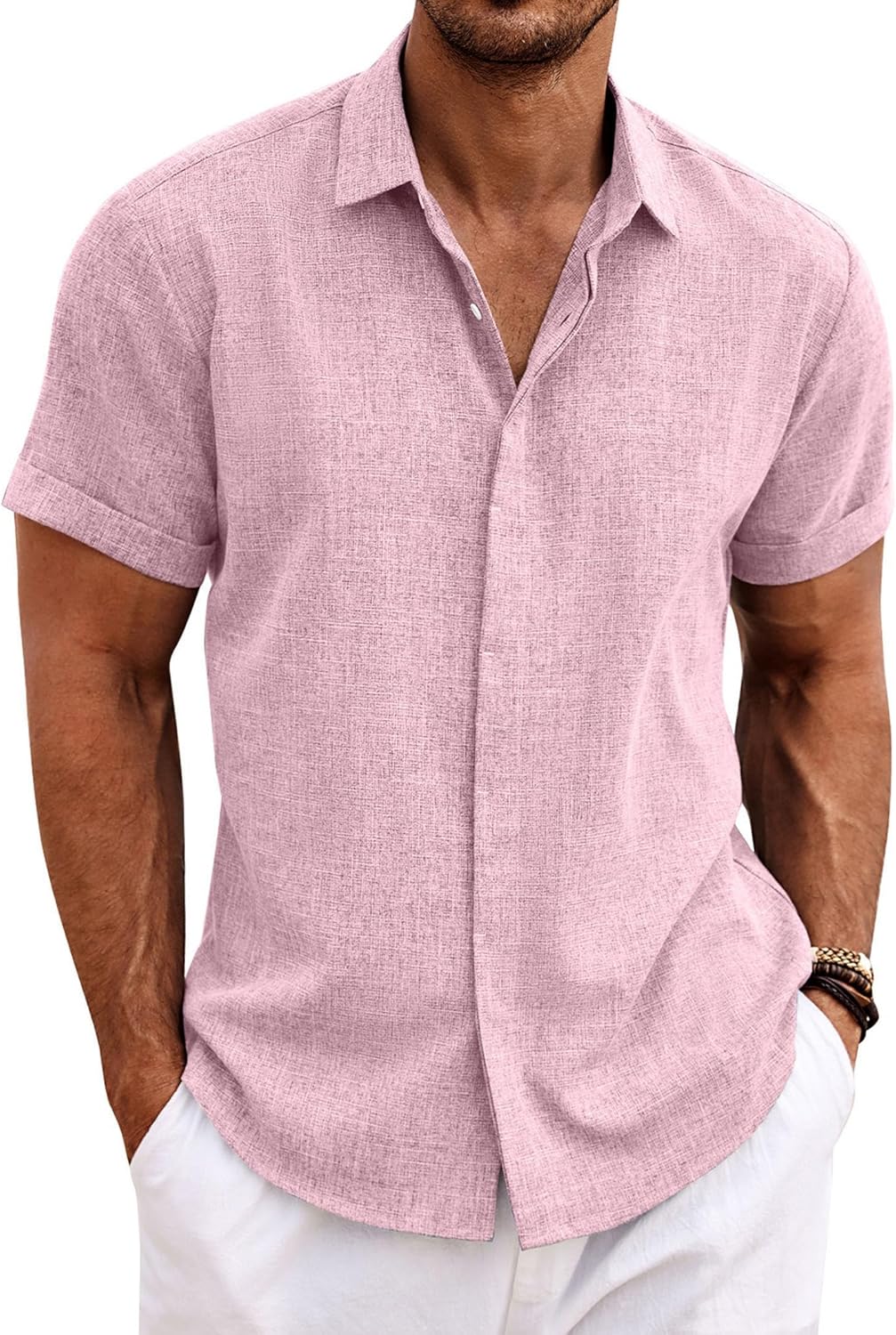 Men's Casual Button down Linen Shirt - Short Sleeve 