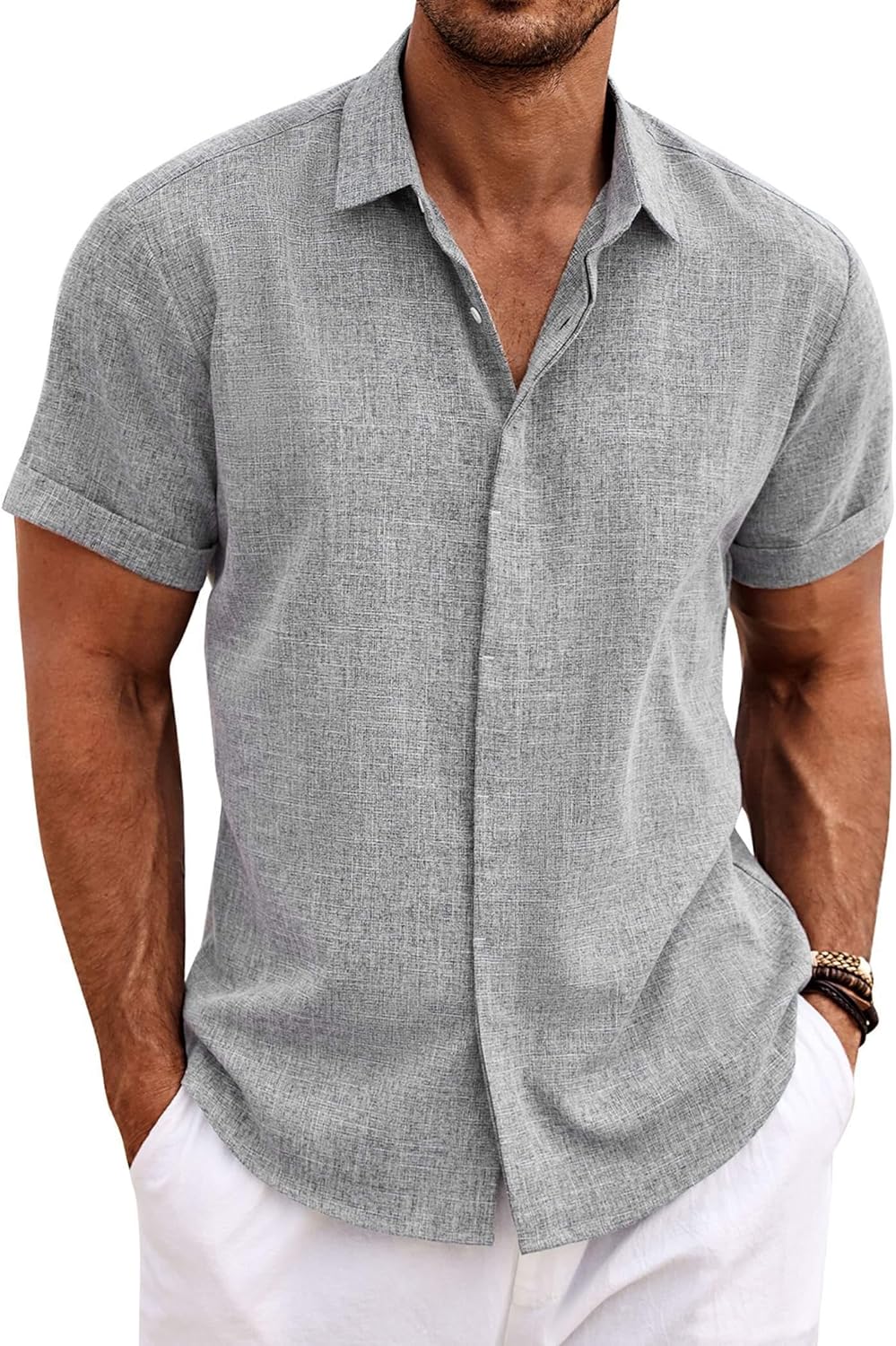 Men's Casual Button down Linen Shirt - Short Sleeve 