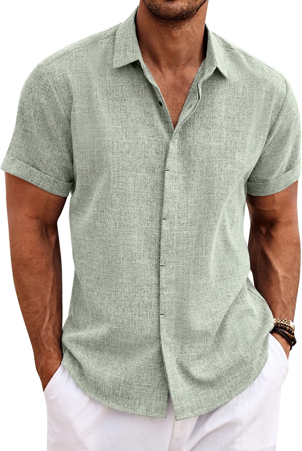 Men's Casual Button down Linen Shirt - Short Sleeve 