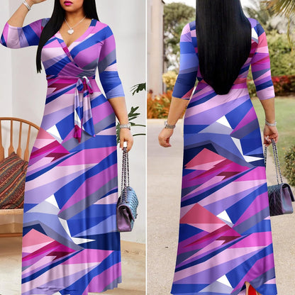 Women's Casual Summer Maxi Dress with V-Neck and 3/4 Sleeves