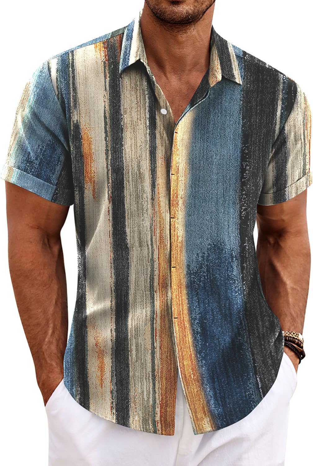 Men's Casual Button down Linen Shirt - Short Sleeve 