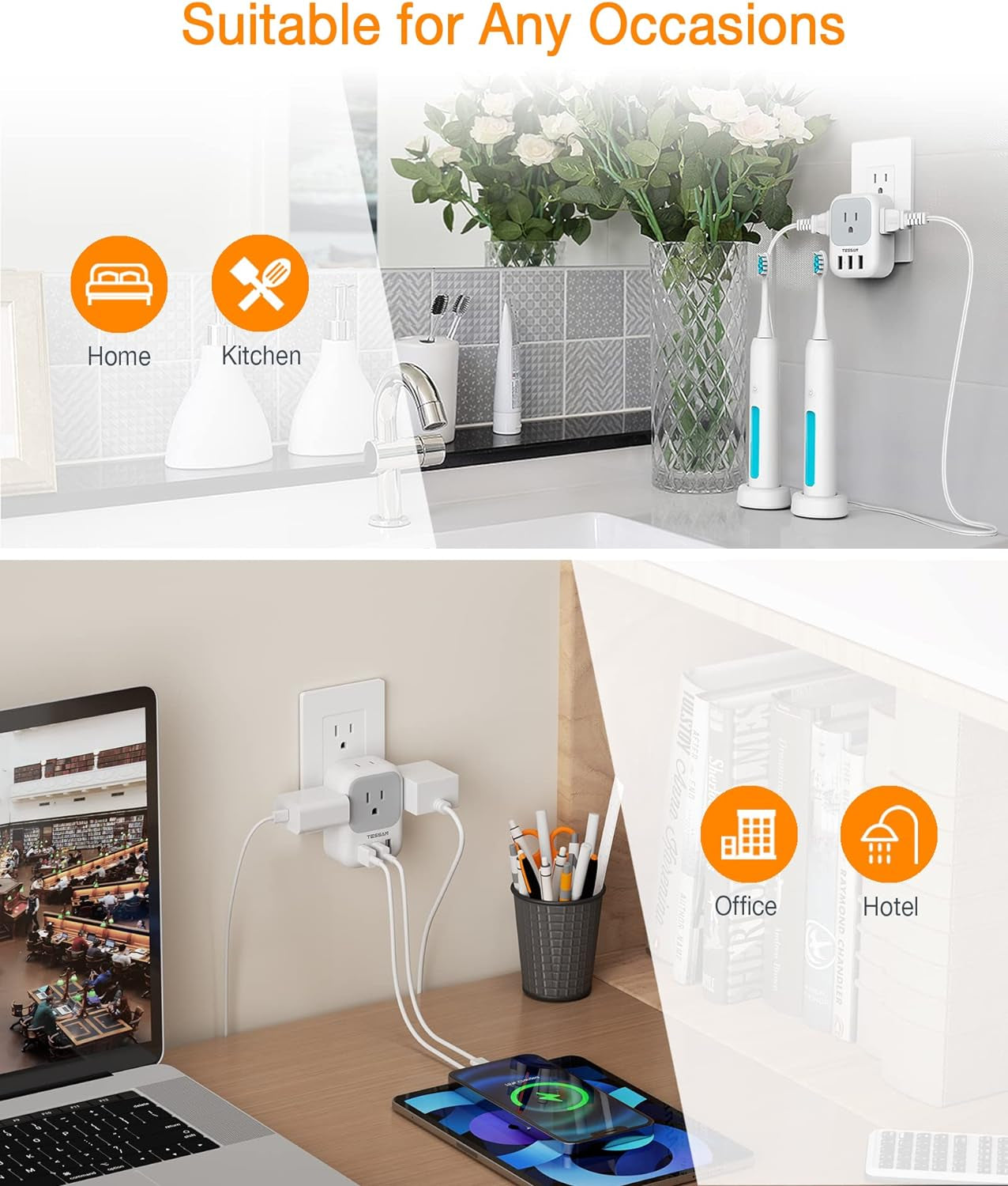 7 in 1 Wall Plug Outlet Extender with 3 USB Charger Ports