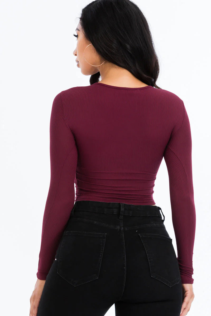 Ribbed Drawstring Long Sleeve Crop Top 