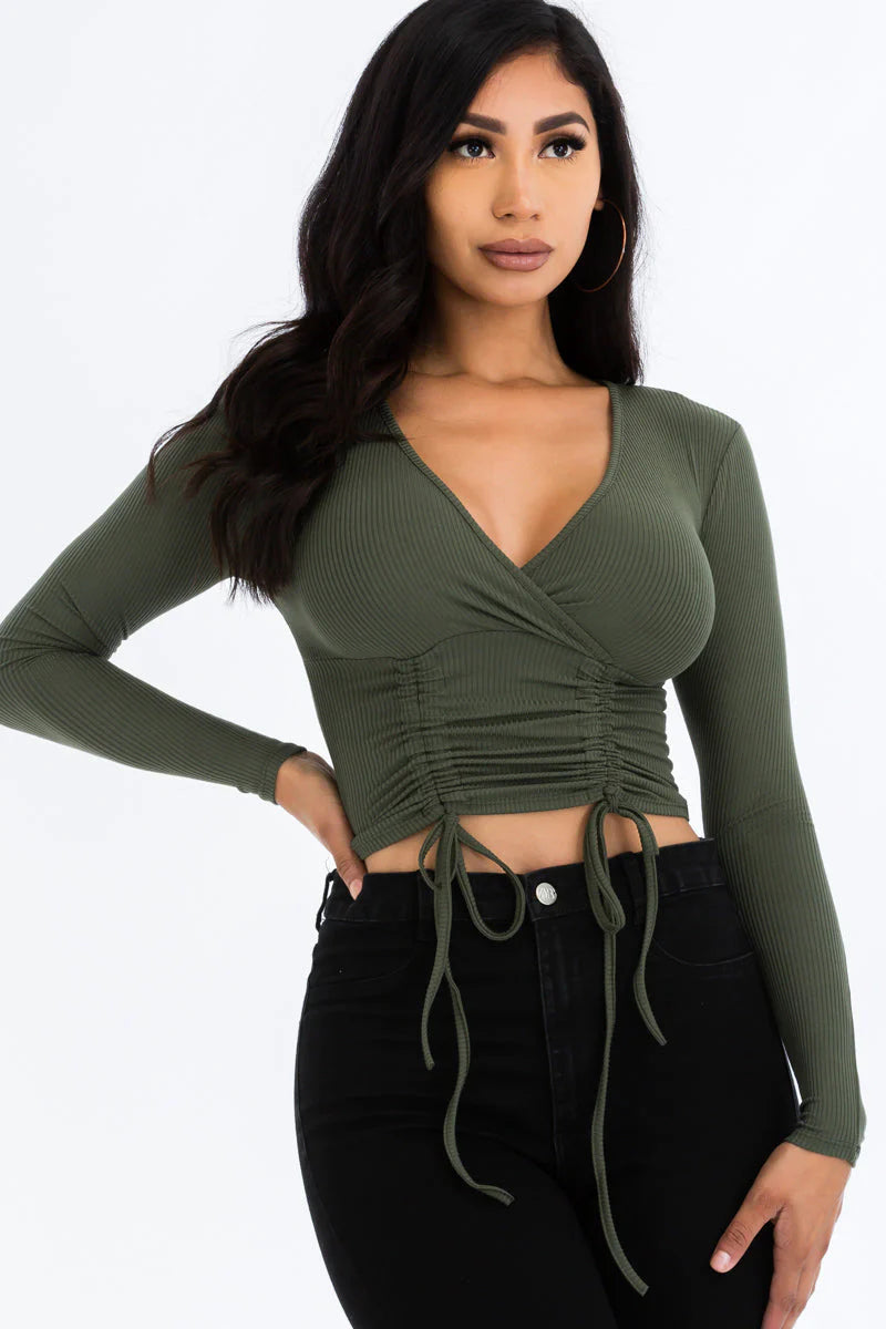 Ribbed Drawstring Long Sleeve Crop Top 