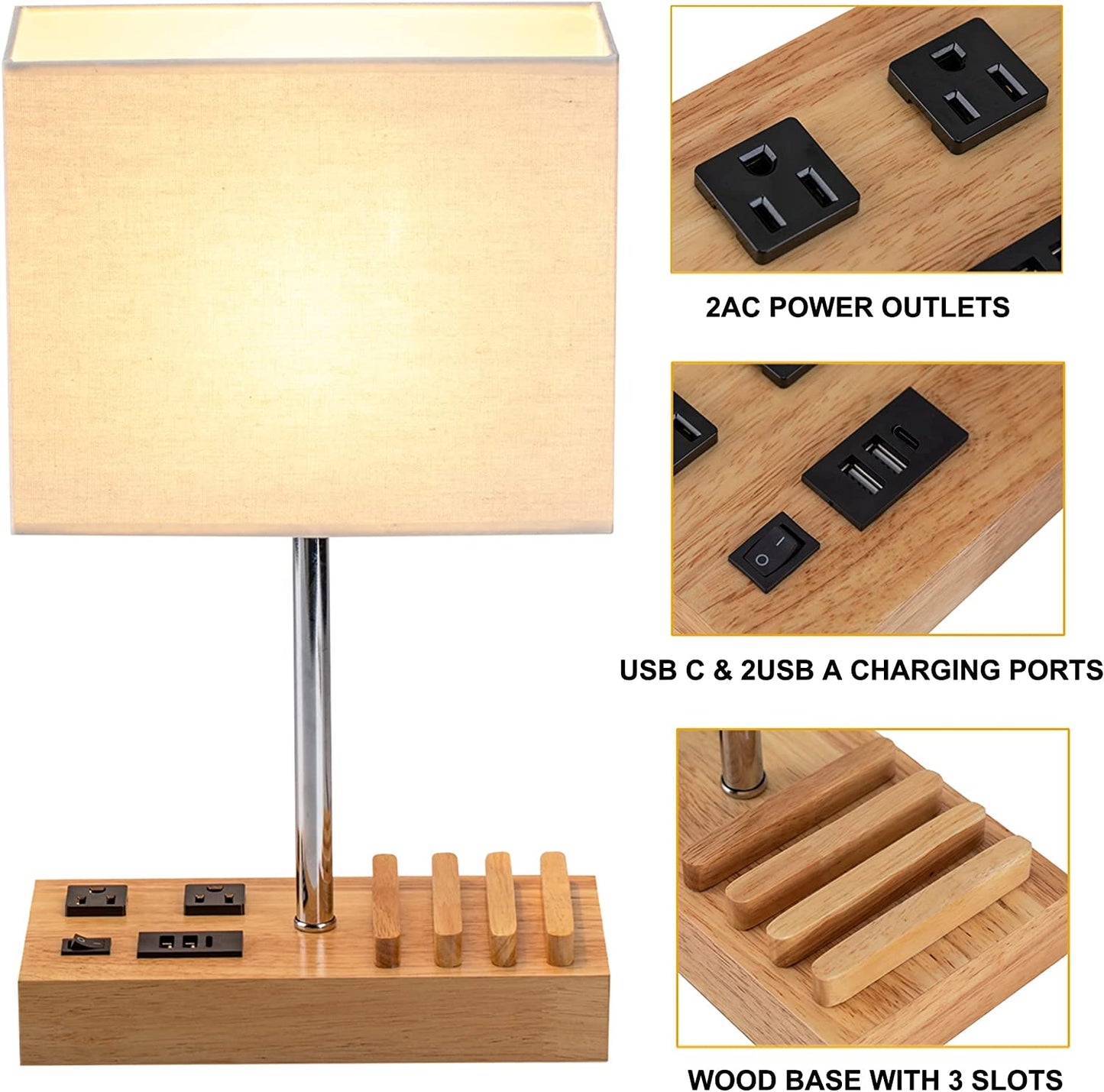 Table Lamp with 3 USB Charging Ports, 2 AC Outlets and 3 Phone Stands