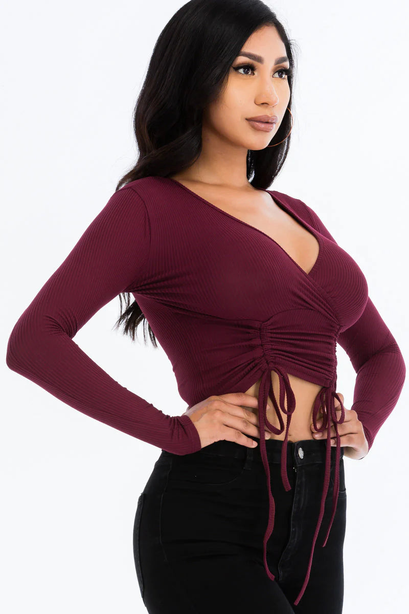 Ribbed Drawstring Long Sleeve Crop Top 