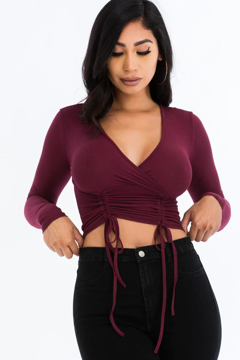 Ribbed Drawstring Long Sleeve Crop Top 