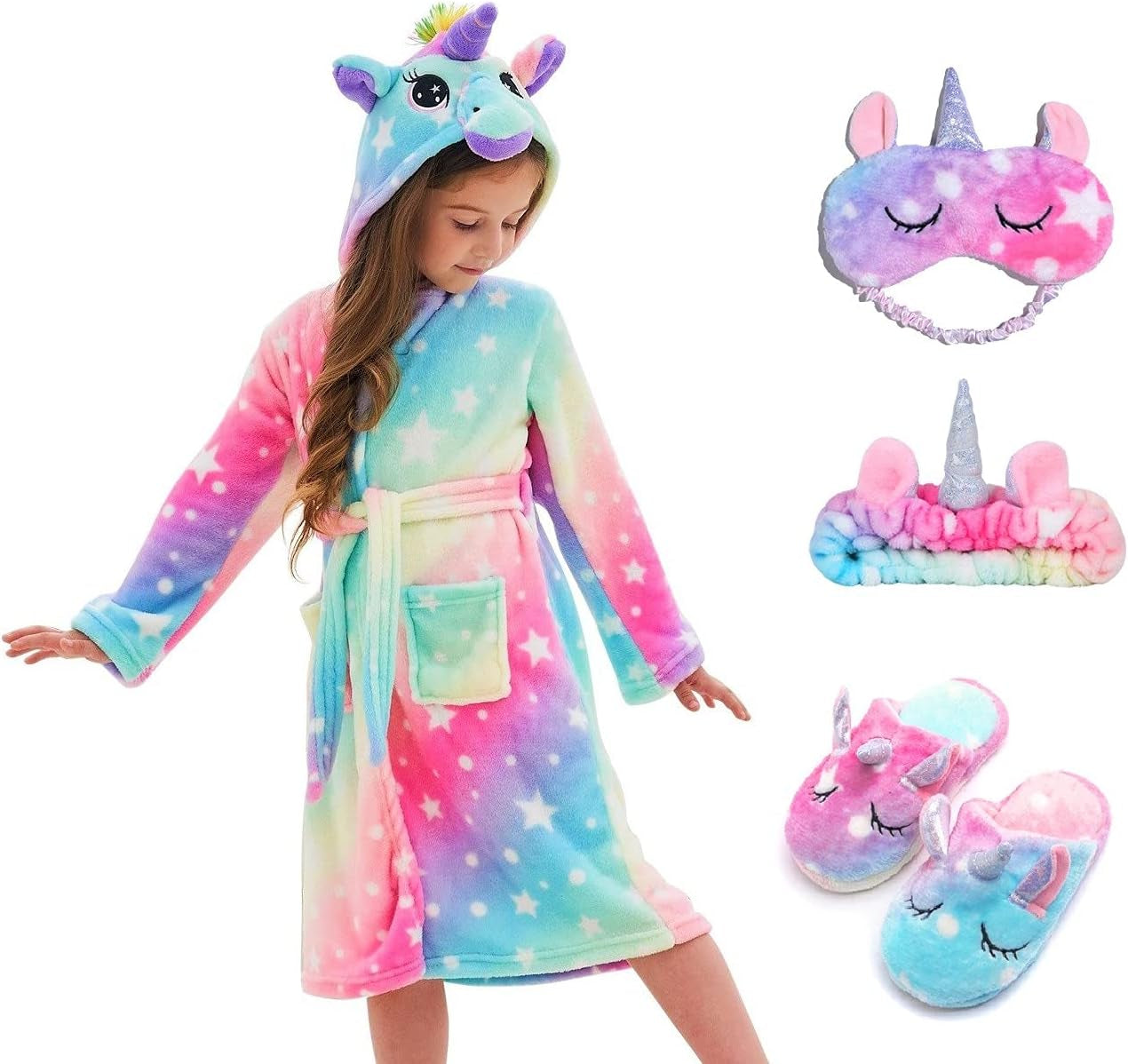 Girl's Soft Unicorn Hooded Robe with Matching Slippers, Headband and Blindfold