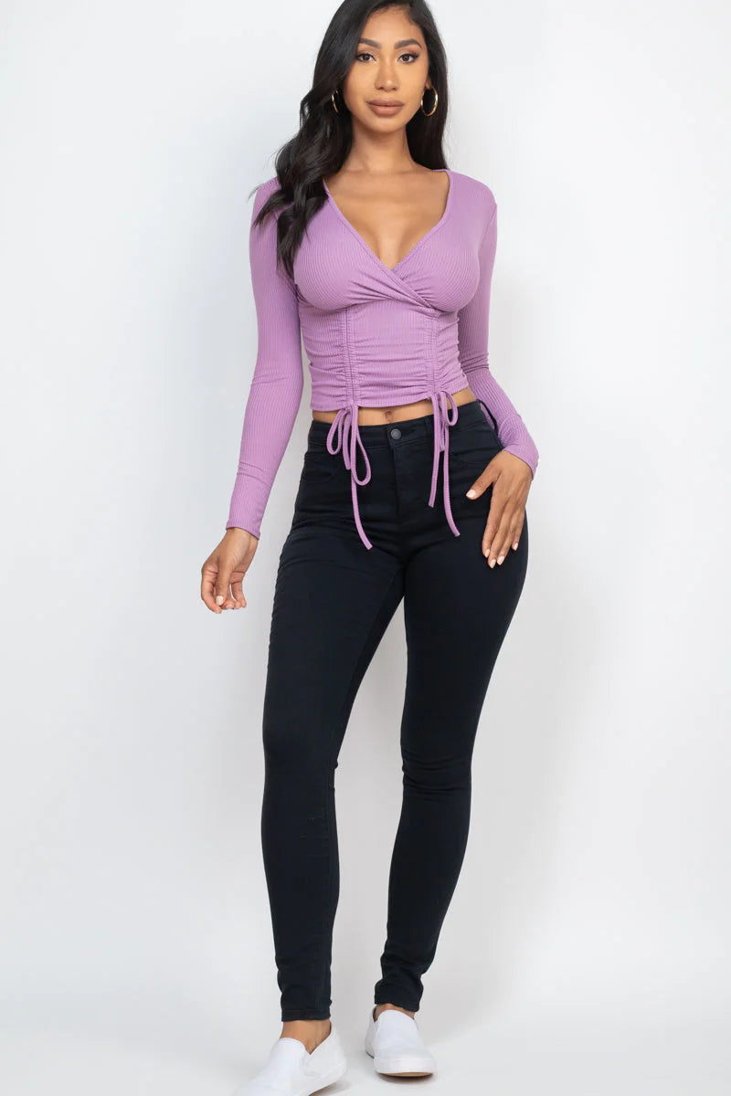 Ribbed Drawstring Long Sleeve Crop Top 