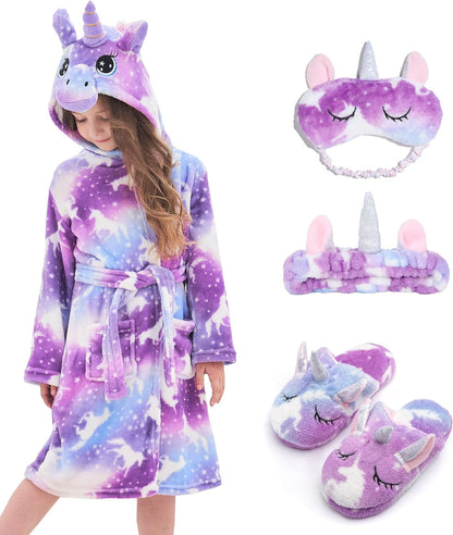 Girl's Soft Unicorn Hooded Robe with Matching Slippers, Headband and Blindfold