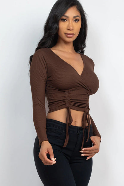 Ribbed Drawstring Long Sleeve Crop Top 