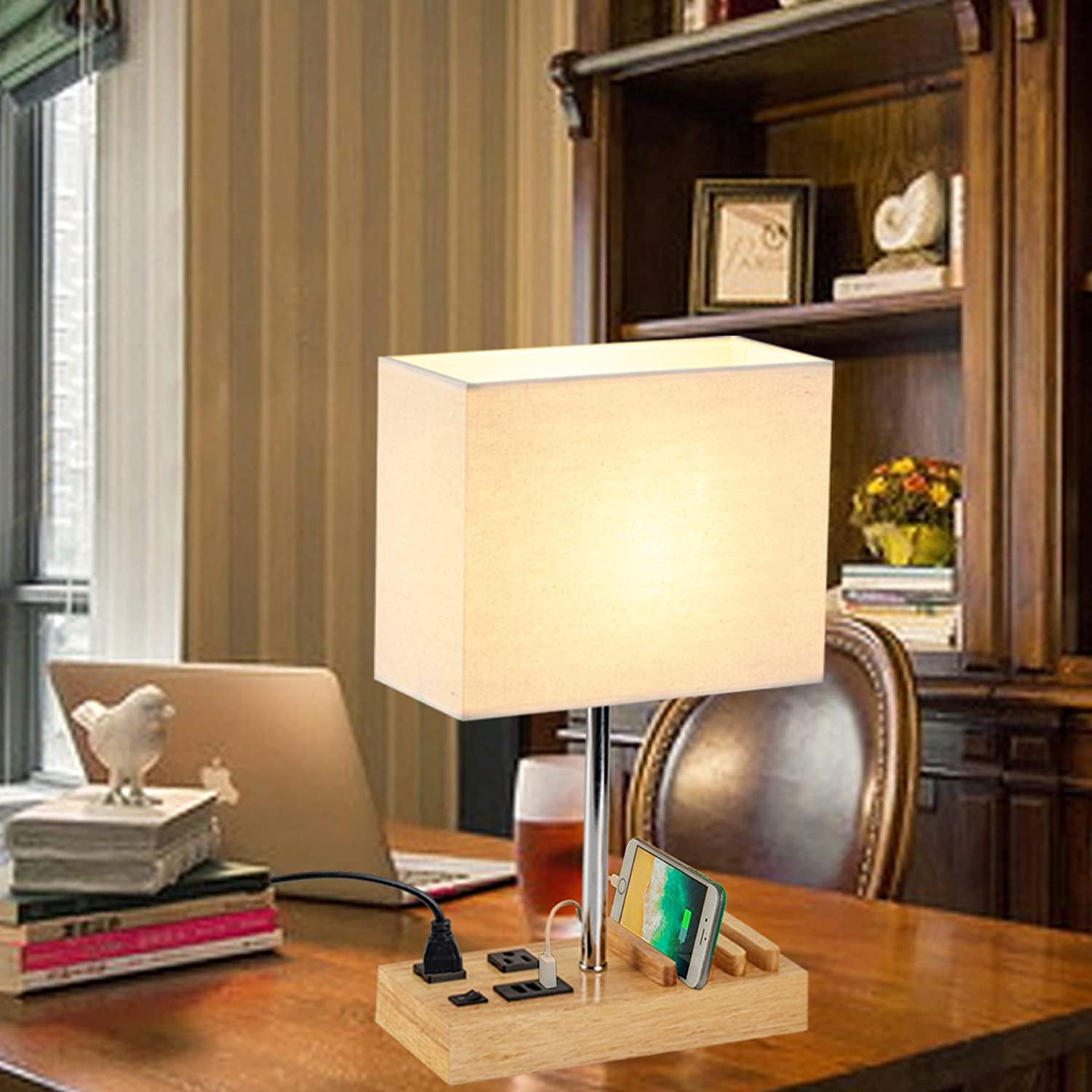 Table Lamp with 3 USB Charging Ports, 2 AC Outlets and 3 Phone Stands