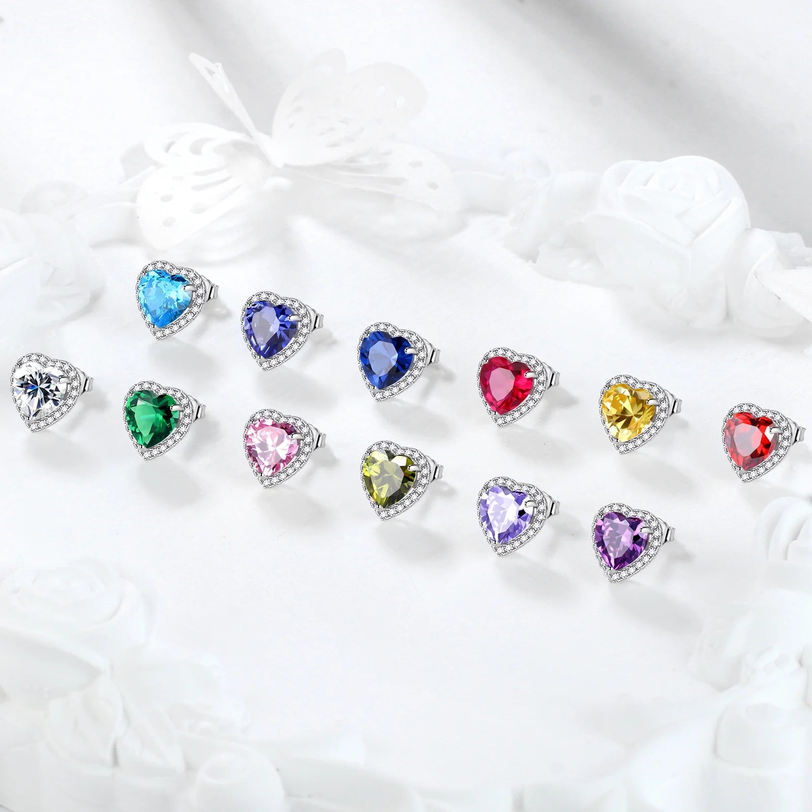 Women's Sterling Silver Birthstone Heart Stud Earrings