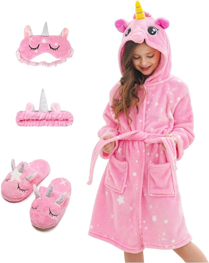 Girl's Soft Unicorn Hooded Robe with Matching Slippers, Headband and Blindfold