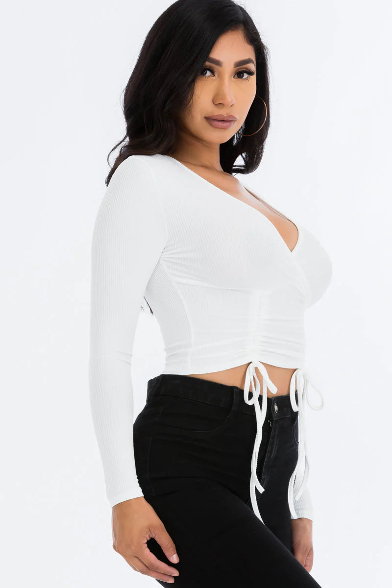 Ribbed Drawstring Long Sleeve Crop Top 