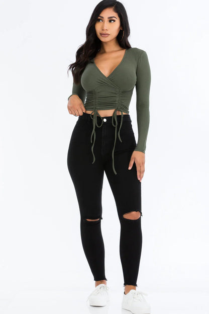 Ribbed Drawstring Long Sleeve Crop Top 