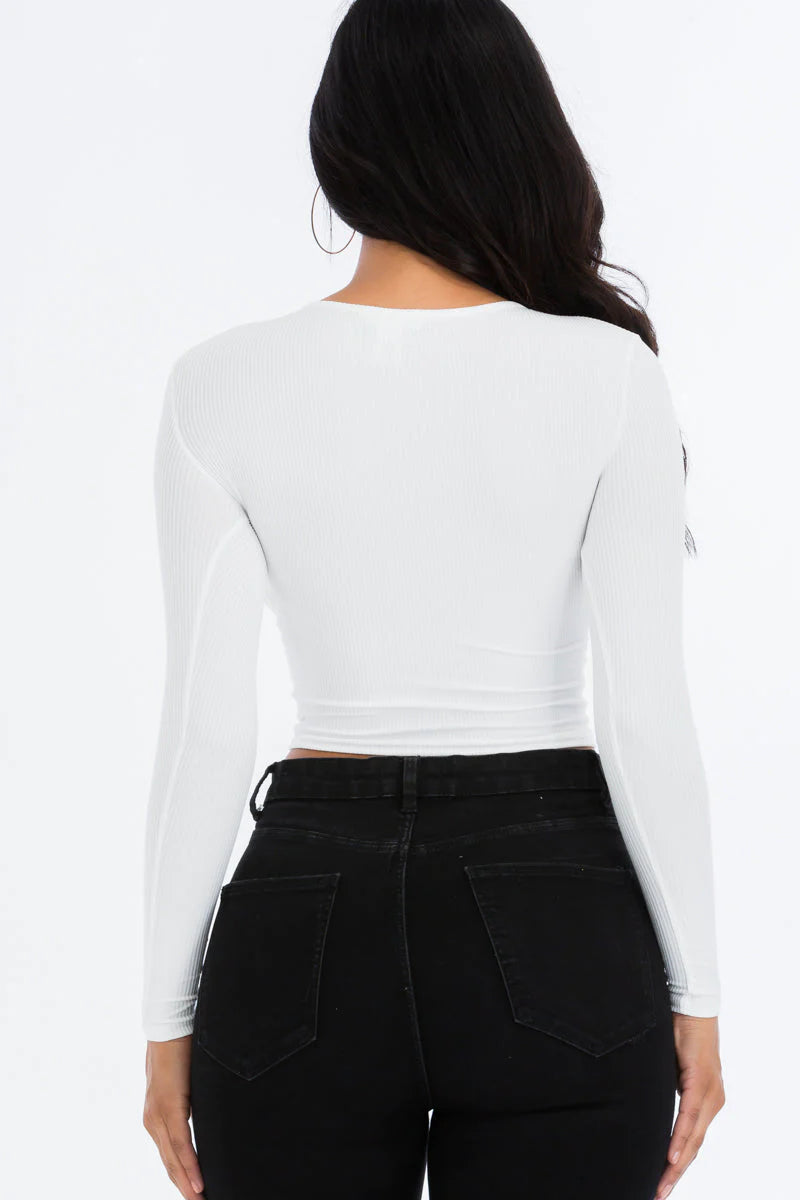 Ribbed Drawstring Long Sleeve Crop Top 