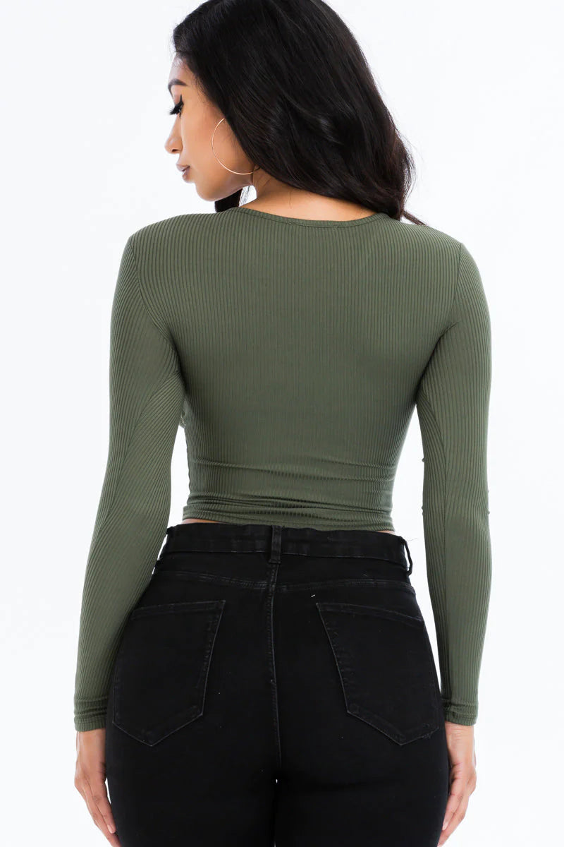 Ribbed Drawstring Long Sleeve Crop Top 