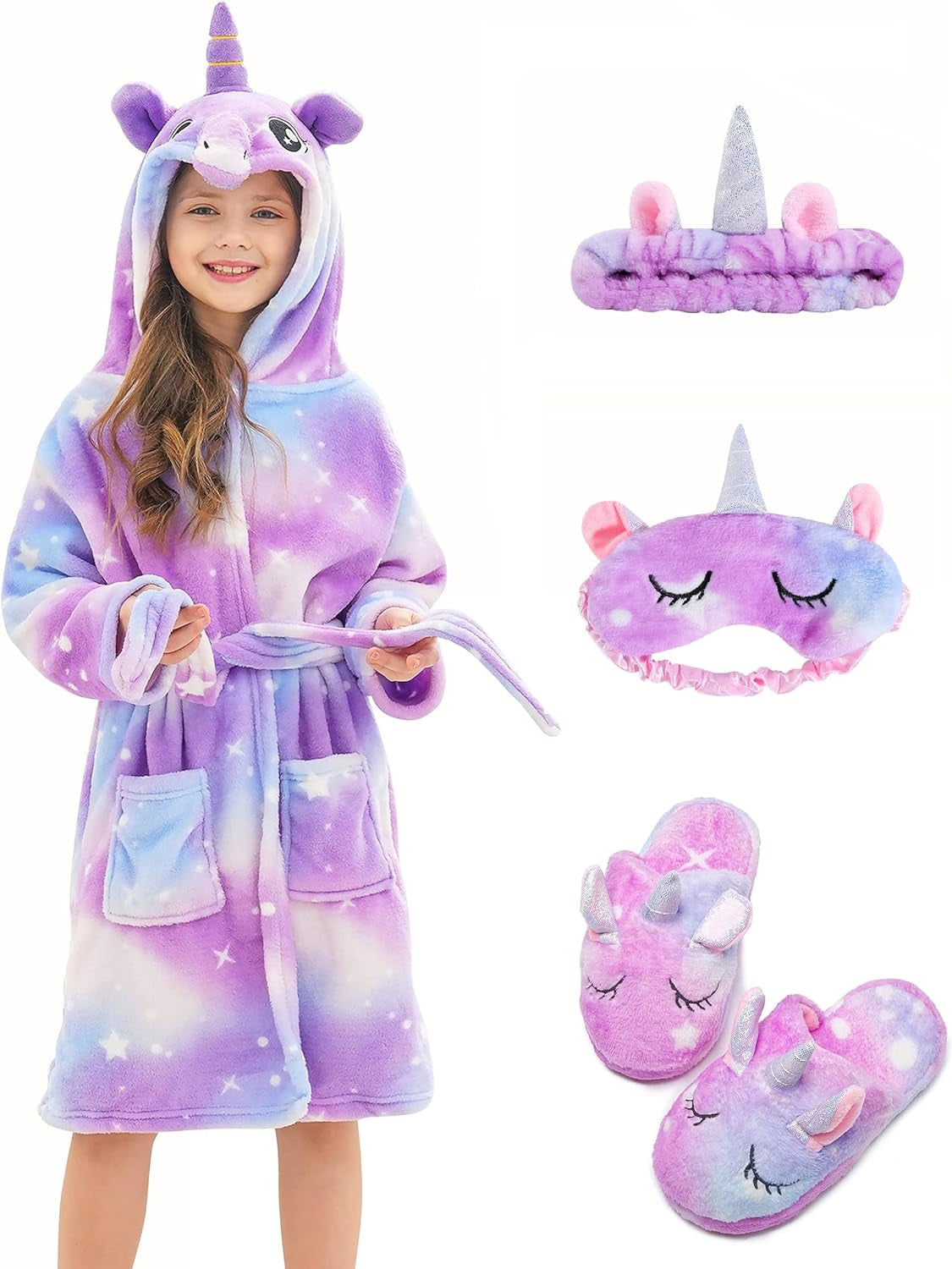 Girl's Soft Unicorn Hooded Robe with Matching Slippers, Headband and Blindfold