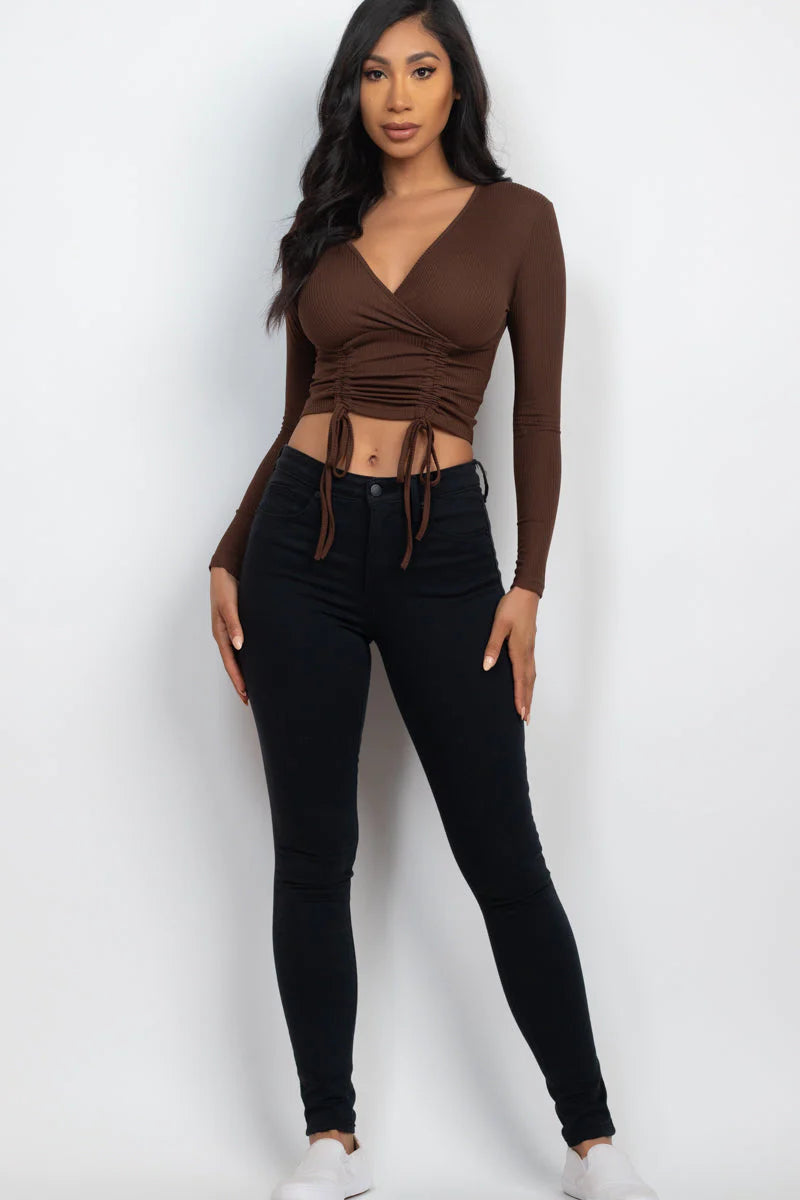 Ribbed Drawstring Long Sleeve Crop Top 