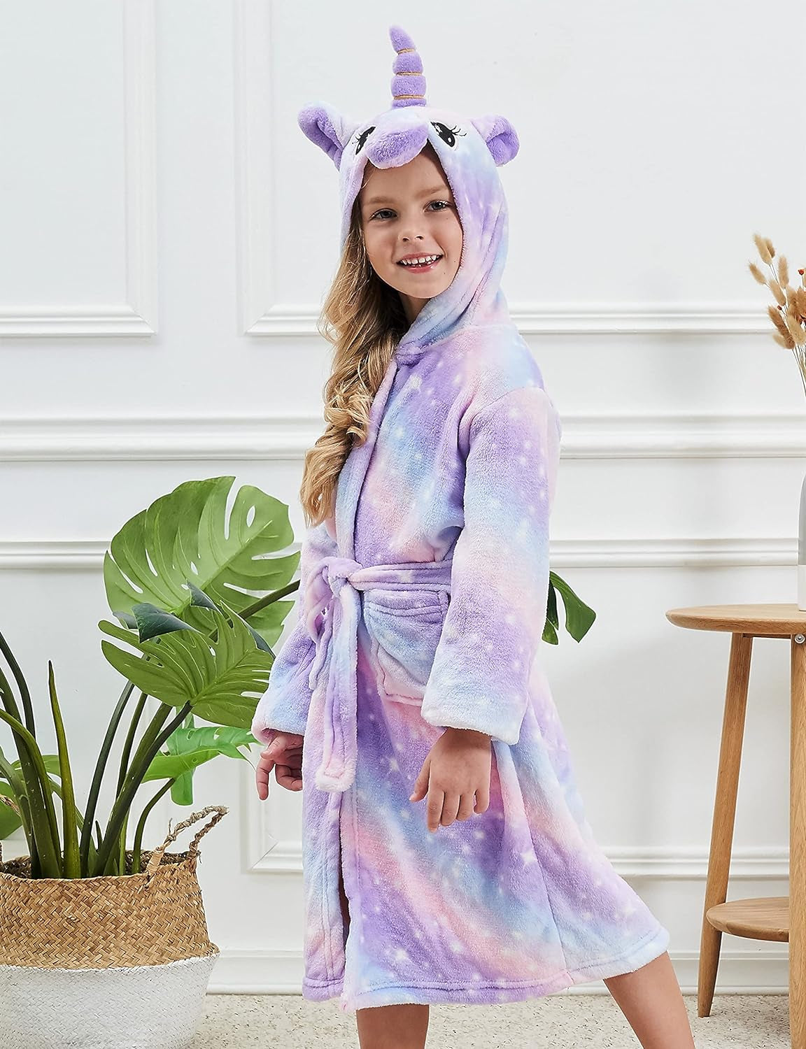 Girl's Soft Unicorn Hooded Robe with Matching Slippers, Headband and Blindfold