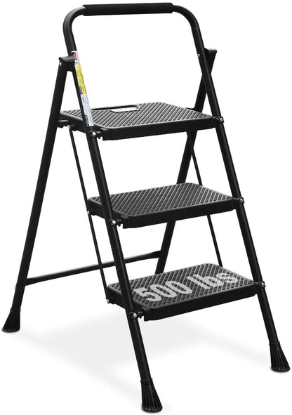 Folding 3 Step Steel Ladder with Wide Anti-Slip Pedal