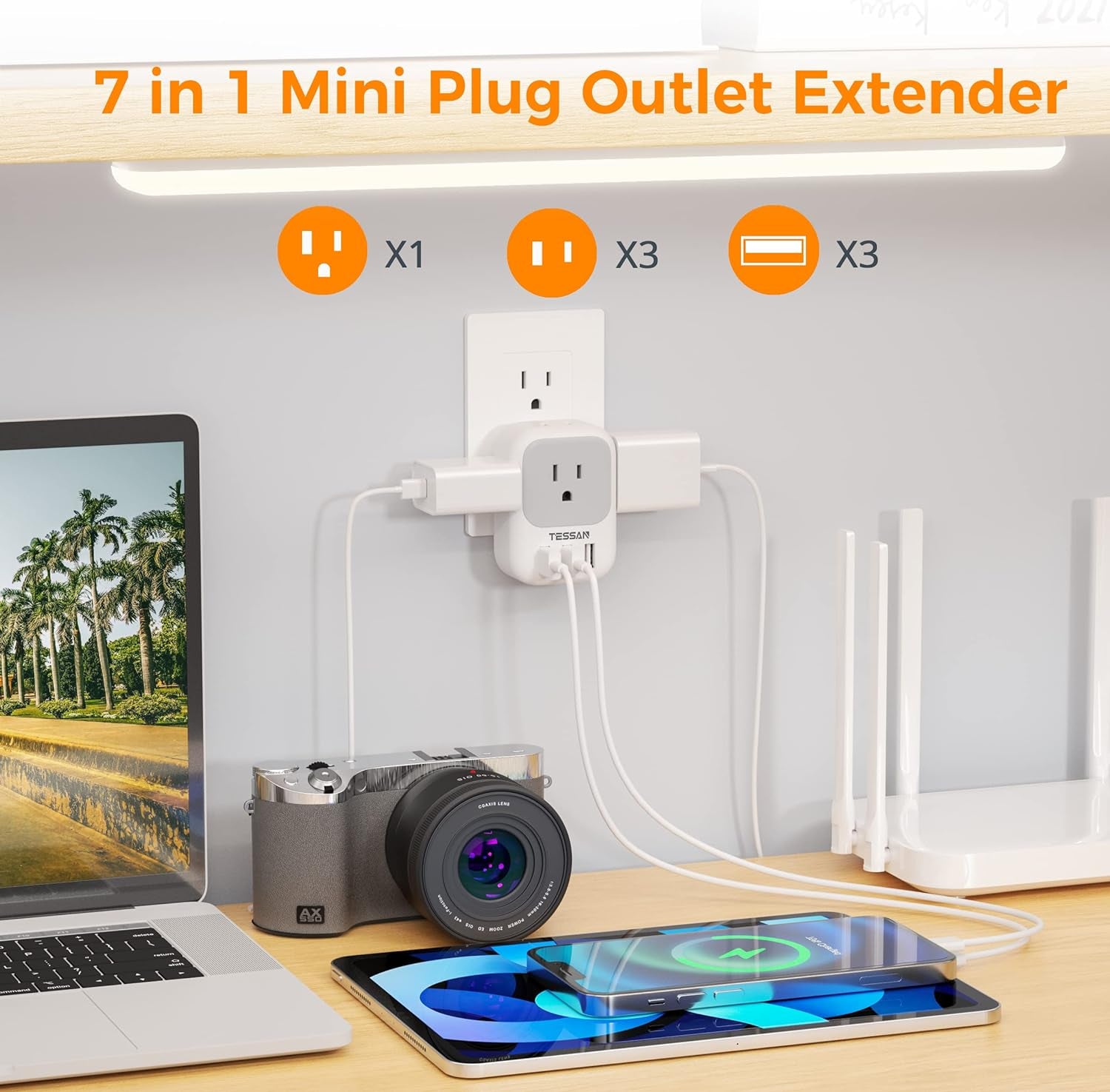 7 in 1 Wall Plug Outlet Extender with 3 USB Charger Ports