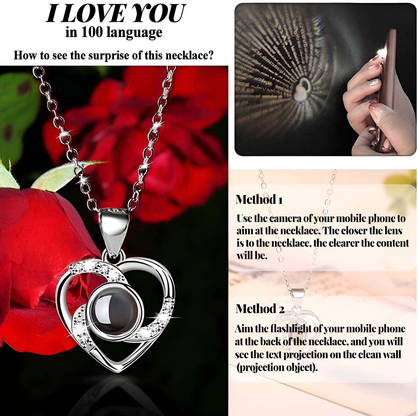 Women's Red Rose with I Love You Necklace In 100 Languages