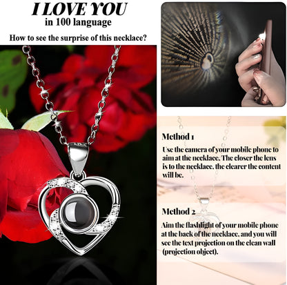 Women's Red Rose with I Love You Necklace In 100 Languages